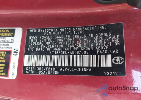 2010 Toyota Camry Le from USA, damaged, VIN 4T1BF3EKXAU067603